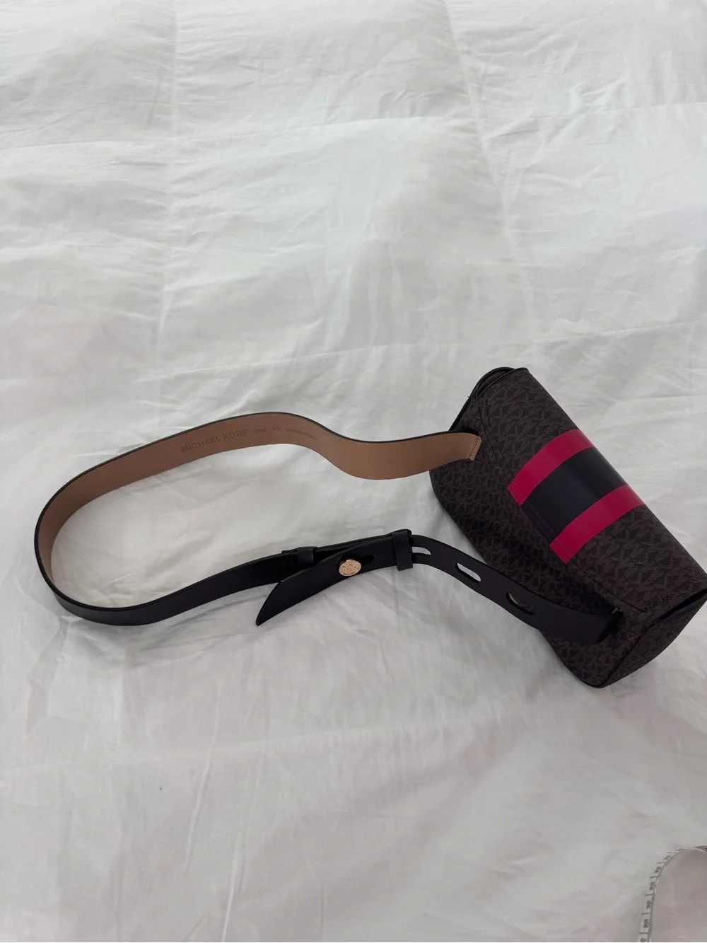Michael Kors Brown Crossbody Belt Bag with Red and Black Stripe